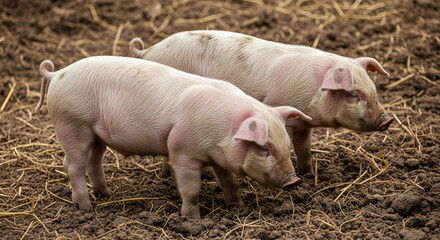 Playful, muddy piglets in a rustic pen under diffused daylight, rooting in soft earth, conveying lively natural charm. Ideal for farm-to-table branding, rural lifestyle content, spring promotions,
