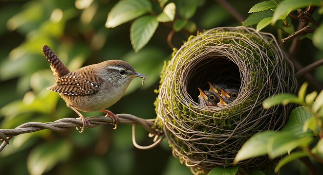 Intimate, hyperrealistic close-up: a diligent wren nurtures chicks in a moss nest within a vibrant, dewy hedgerow, bathed in golden light. Ideal for Mother's Day, spring campaigns, nature education,