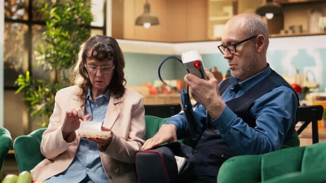 Old man reading for blood pressure monitoring and woman takes vitamins, improving quality of life for wellness and recovery. Retirees couple doing in-home daily care routine, wellbeing.