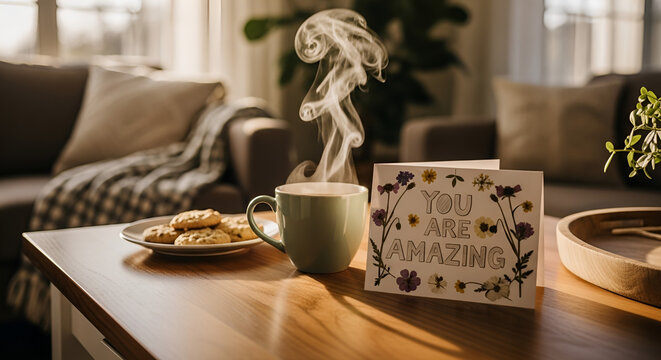 Cozy morning or afternoon scene featuring a steaming mug, delicious cookies, and a "YOU ARE AMAZING" greeting card on a wooden table, ideal for promoting gratitude, self-care, thoughtful gifts,
