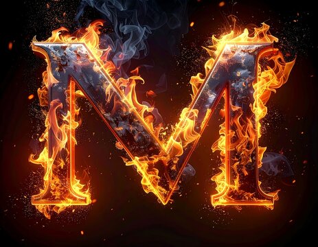 A large, fiery, burning letter M against a dark background