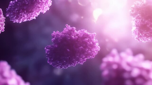 Abstract microscopic view of multiple clustered,  purple,  lumpy structures.  Soft, diffused light highlights their textured surface