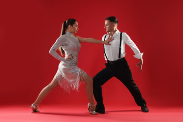 Fototapeta premium Couple of professional dancers on red background