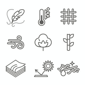 Fabric Features Icon Set with Moisture Wicking - Cotton - Bamboo - Wind Resistance