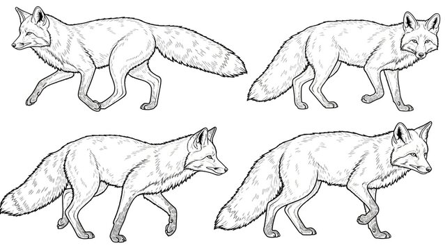 Four foxes walking in different poses illustrated in a simple line art style