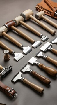 Leather Crafting Tools Set with Mallets and Skiving Knives on Dark Background