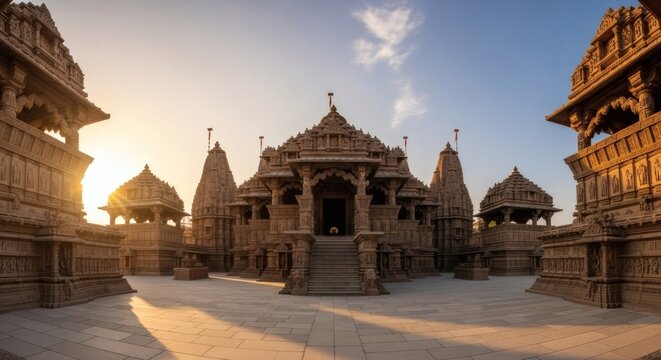 Wide angle architectural photograph of Dwarkadhish Temple in Dwarka, India, captured during golden hour with warm sunlight illuminating detailed stone carvings