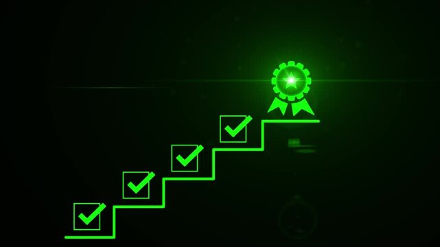 Achievement Pathway, digital checklist with glowing badge, symbolizing goal completion and success in a business setting, coach the way of setting goals, success. Motion graphics of reward concept
