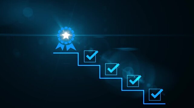Achievement Pathway, digital checklist with glowing badge, symbolizing goal completion and success in a business setting, coach the way of setting goals, success. Motion graphics of reward concept