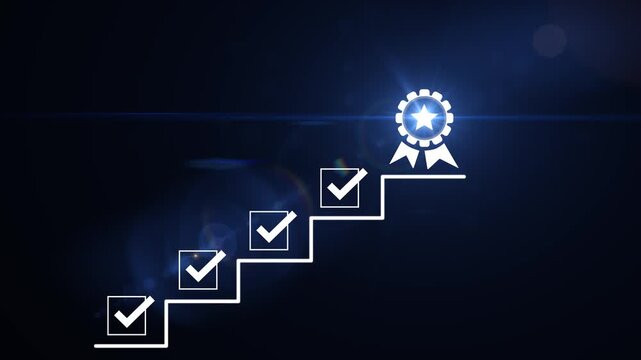 Achievement Pathway, digital checklist with glowing badge, symbolizing goal completion and success in a business setting, coach the way of setting goals, success. Motion graphics of reward concept