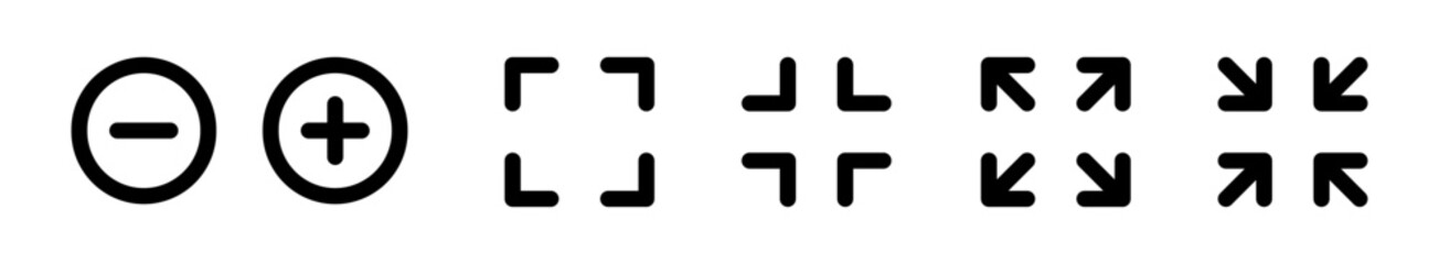 Zoom In Out Icons: Plus, Minus, Fullscreen, Shrink Arrows Symbols