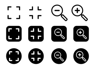 Set of Zoom In/Out and Fullscreen Icons: Square, Circle, Outline, Solid