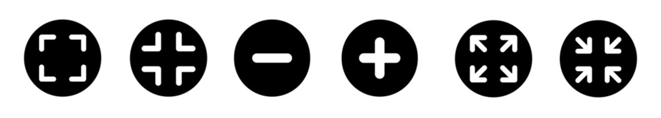 Zoom In Out Icons Set: Plus Minus Fullscreen Resize Buttons