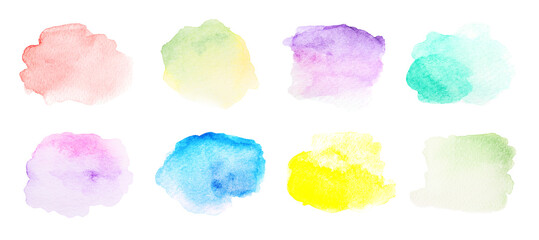 Colorful watercolor paint swatches on white background, set