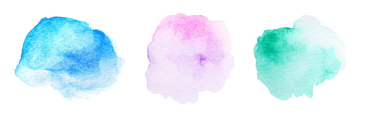 Colorful watercolor paint swatches on white background, set
