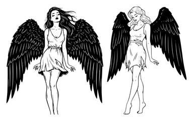 Obraz premium Beautiful Angel Woman with Large Wings Vector, Fallen Angel Dark Fantasy Character Illustration, Hand Drawn Winged Female Portraits