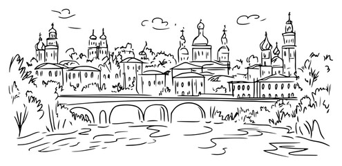 Eastern European Cityscape Sketch with River Bridge and Church Domes, Hand Drawn Urban Landscape Architecture Illustration Vector © Luka