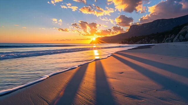 A golden sunset casts long shadows on a sandy beach next to the calm ocean