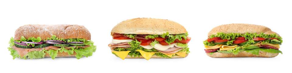 Delicious ciabatta sandwiches isolated on white, set