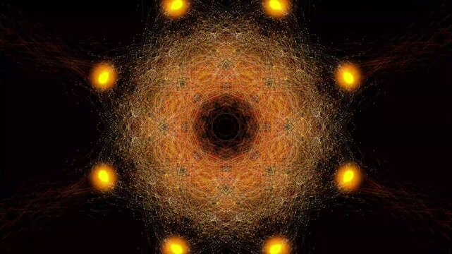 Hypnotic Golden Light Kaleidoscope Pattern Expanding and Contracting in Dark Space.