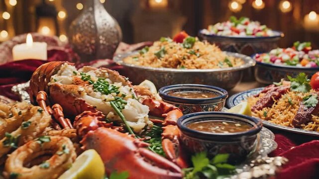 Thai food dishes with seafood, meat, and vegetables served on a table at a market restaurant
