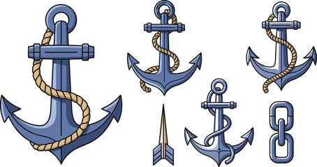 Anchor and Nautical Equipment Vector Illustration Set with Blue Metal Anchors Ropes Chains and Arrow Symbols for Maritime and Sailing Design © MstBobita