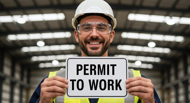 A smiling Caucasian man in a hard hat holding a permit to work sign in an industrial setting.