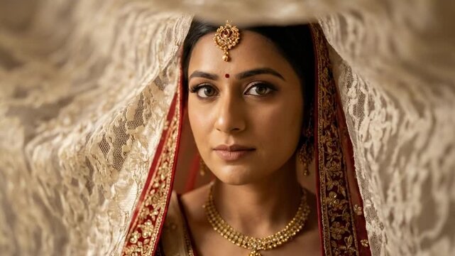 indian bride. A woman adorned in traditional attire with intricate jewelry and a decorative veil, showcasing elegance and cultural heritage in a soft, ethereal light