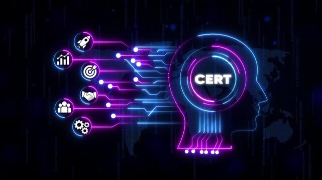 C E R T cybersecurity certification concept with neon circuit board and representing computer security and technology