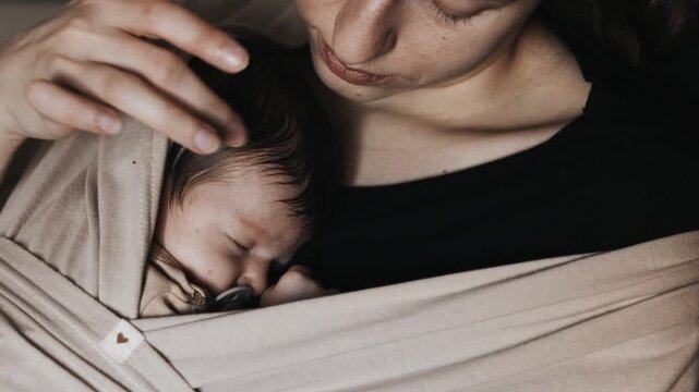 A close-up shot of a sleeping newborn baby with a pacifier, tucked into a beige fabric wrap carrier held close by a woman indoors.