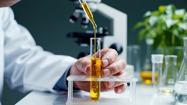 Scientist pipetting liquid into test tube laboratory research