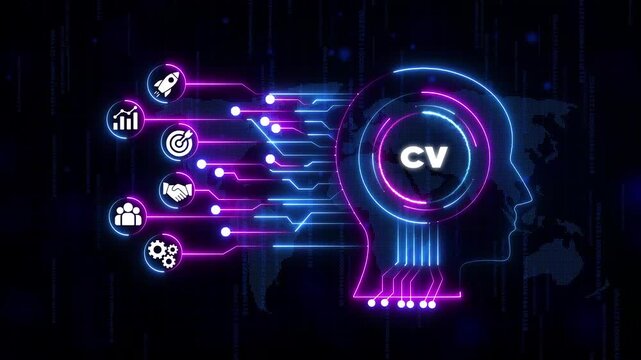 Futuristic C V resume concept with neon-lit human head and representing skills and qualifications on a dark background with coding and map