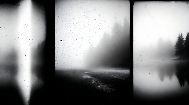 Triptych of Misty Forest Scenes with Film Artifacts