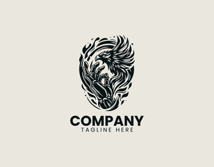 Stylized skeletal bird held by hand with flame backdrop is presented as bold monochrome vector logo on clean white background