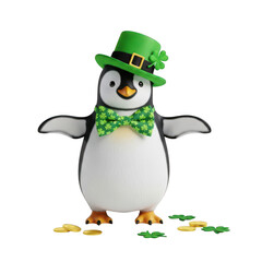 Fototapeta premium A penguin wearing a green hat and bow tie on st patrick's day isolated on transparent background