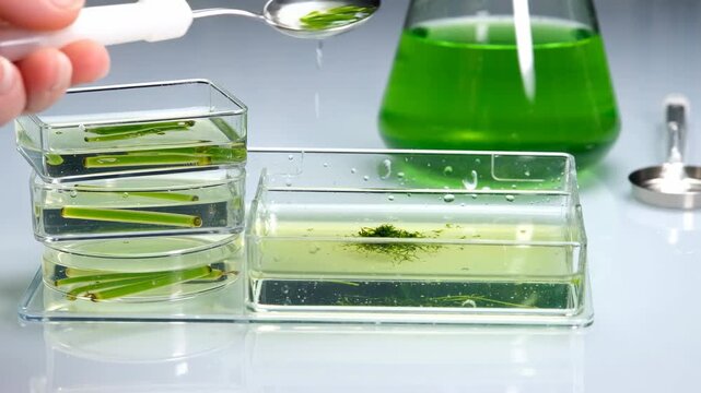 Algae laboratory biotechnology biofuel petri dish green liquid scientific experiment renewable energy ocean conservation technology microalgae research culture for sustainable biofuel innovation