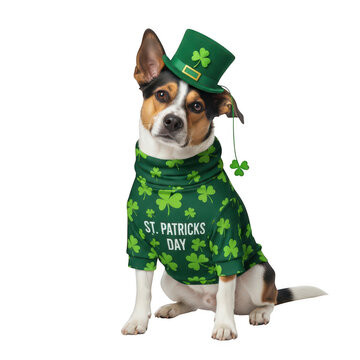 Dog wearing a green hat and shamrock outfit isolated on transparent background