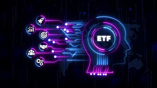 E T F exchange traded fund neon circuit board head with business and global network connections