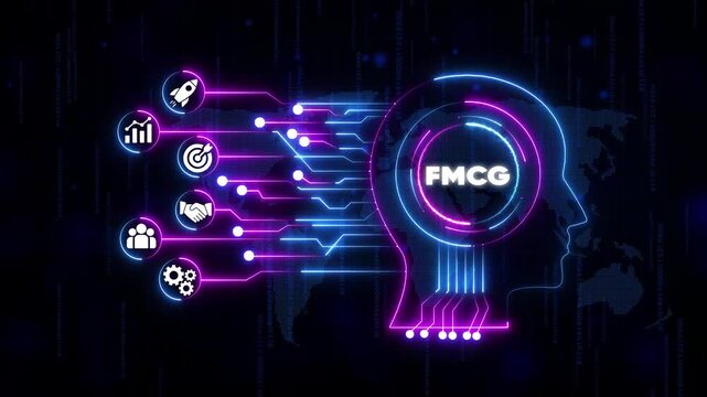 F M C G Business Strategy Concept with Neon Head Silhouette and Representing Growth, Target, Partnership, and Industry Sectors