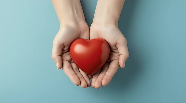 Delicate pair of gentle hands carefully cradling a bright glossy red heart shape against a muted background symbolizing care
