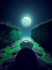 Fototapeta premium A stark white moonlet, marked by night's whisper, rests on a jade expanse, guarded by verdant walls, the simulator's hum a cosmic echo, golf ball, saturated
