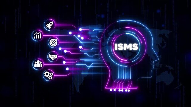 Information Security Management System I S M S Concept with Neon Circuitry and on Dark Background with Map