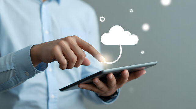 Businessman using tablet with cloud computing icon for data storage and online access