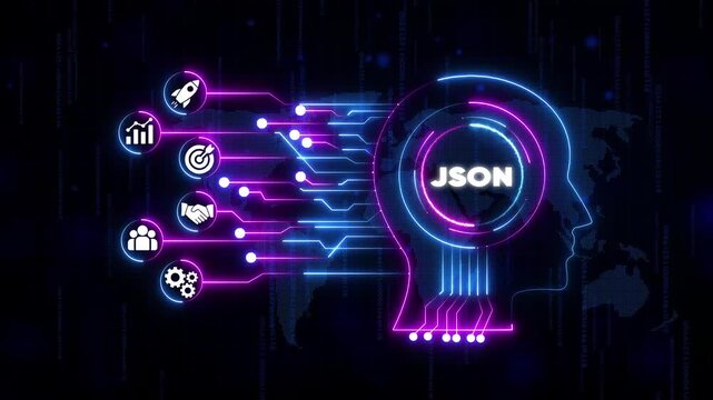 J S O N data exchange format technology concept with neon circuit board and json