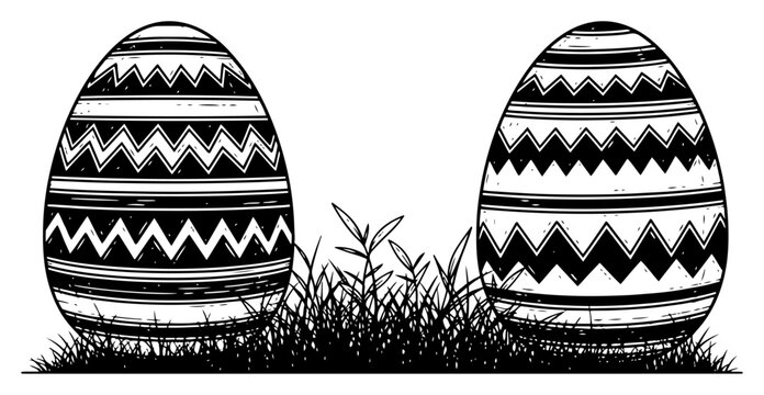 Two decorated Easter eggs with geometric patterns lying in grass in engraving style