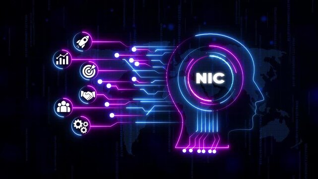 Neon Circuit Brain with N I C and Business on Dark Background with Map business dark background