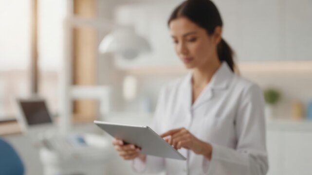 Healthcare professional wearing a lab coat, using a tablet computer to review data in a blur surgical clinic