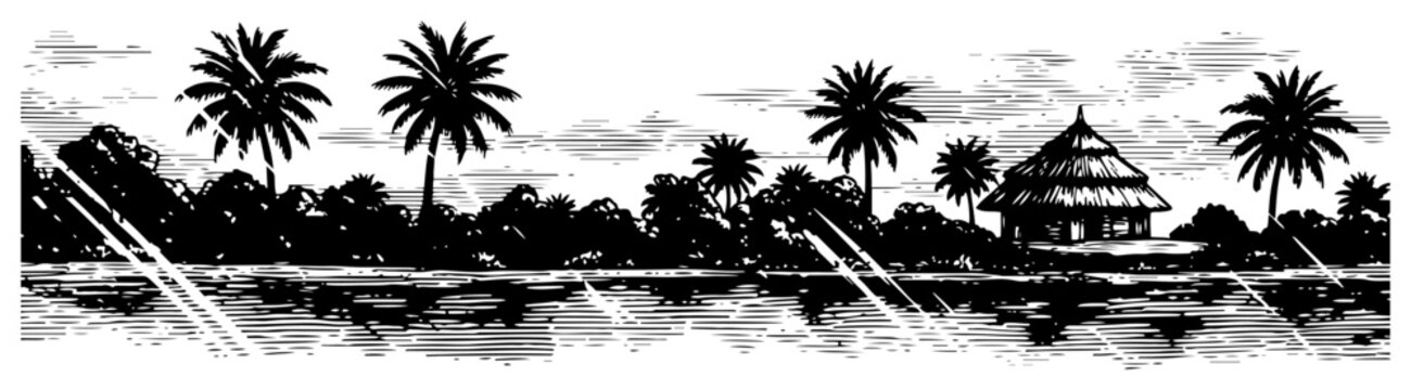 Panoramic tropical landscape with palm trees and a hut in woodcut engraving style