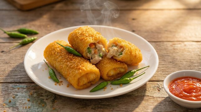 Golden Crispy Risol Rolls with Creamy Chicken Filling and Chili Sauce on Rustic Wooden Table