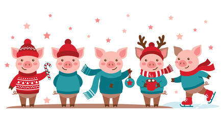 Fototapeta premium Adorable group of pigs dressed in sweaters scarves and hats. Festive characters skating and holding cocoa against starry background. Charming winter holiday scene with pink pigs and blue outfits.